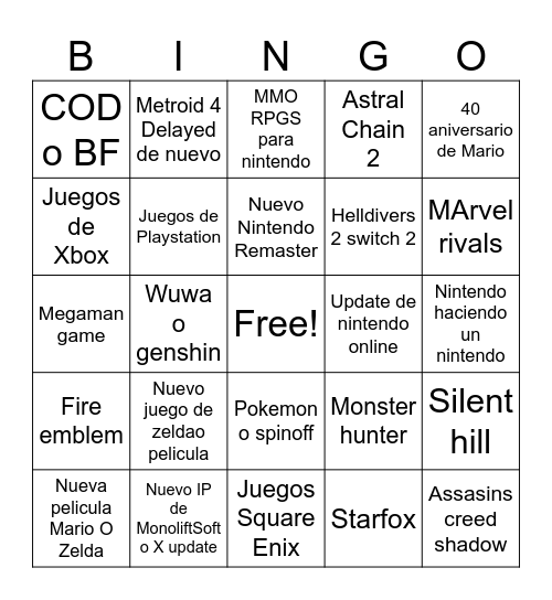 Nintendo Direct 9.12.2025 Bingo Card