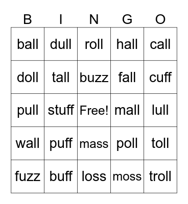 ff, zz, ss, ll, -ull, -oll, -all Bingo Card