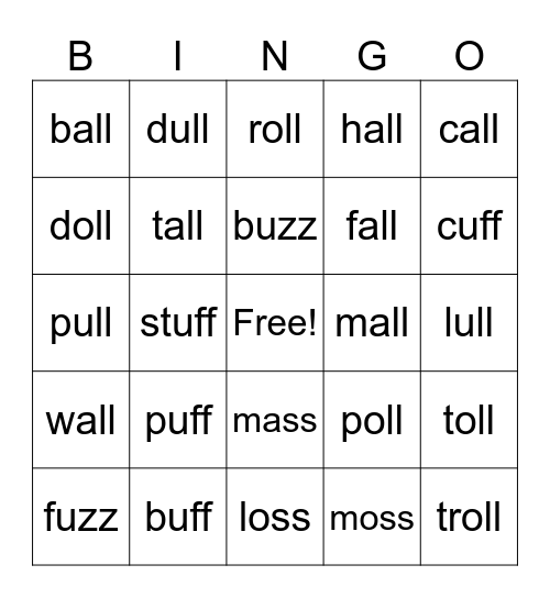 ff, zz, ss, ll, -ull, -oll, -all Bingo Card