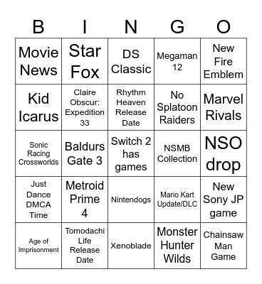 Nintendo Direct 12/09 Bingo Card
