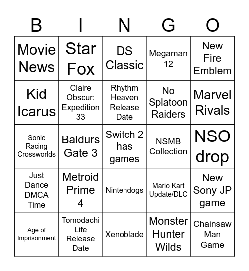 Nintendo Direct 12/09 Bingo Card