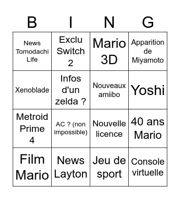 Nintendo Direct Bingo Card