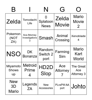 Nintendo Direct 13/9/2025 Bingo Card