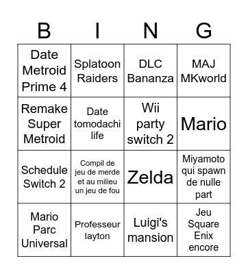 Nintendo direct Bingo Card