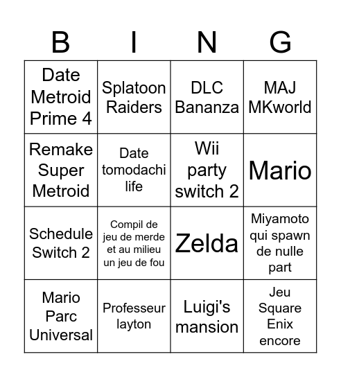 Nintendo direct Bingo Card