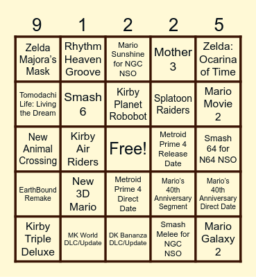 Nintendo Direct 9-12-25 Bingo Card