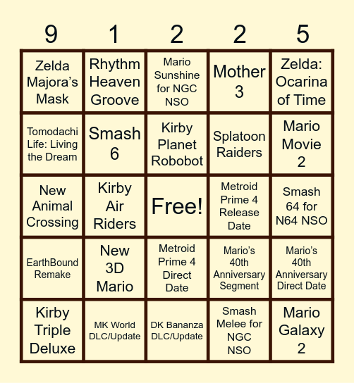 Nintendo Direct 9-12-25 Bingo Card