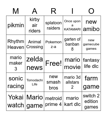Nintendo Direct Bingo Card