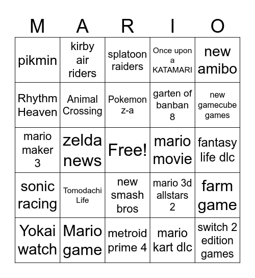 Nintendo Direct Bingo Card