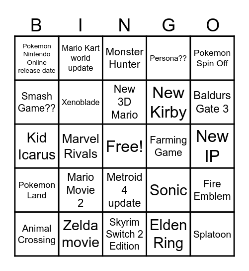nintendo direct Bingo Card