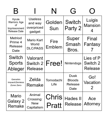 Nintendoof Direct 12.9 Bingo Card