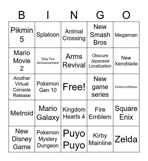 Nintendo Direct 9.12.25 Bingo Card