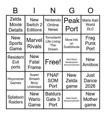 Nintendo Direct 12.09.25 Bingo Card