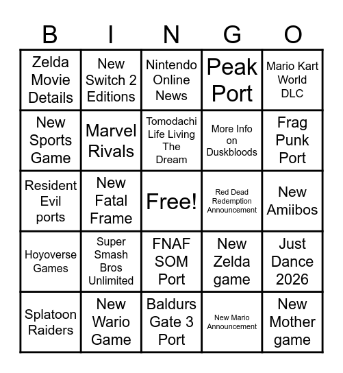 Nintendo Direct 12.09.25 Bingo Card