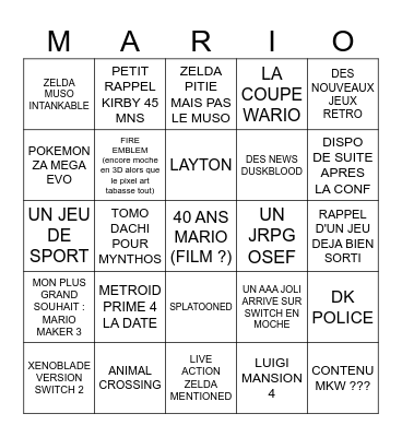 NINTENDO DIRECT 09/25 Bingo Card