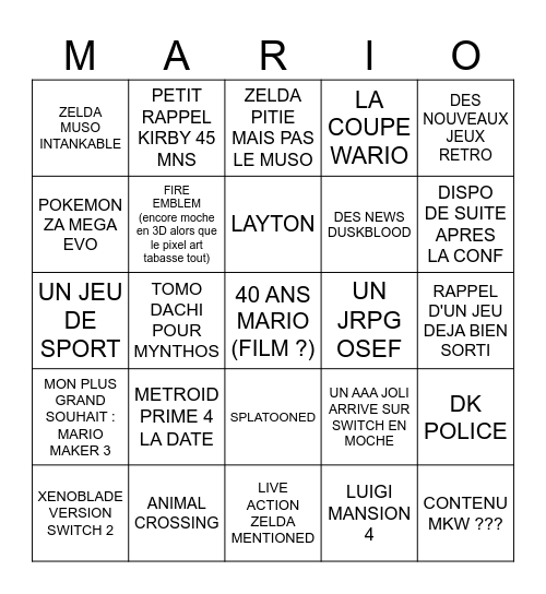 NINTENDO DIRECT 09/25 Bingo Card