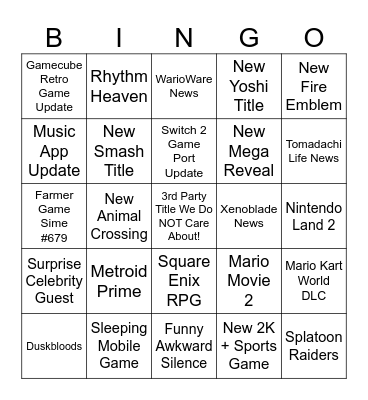 Nintendo Bingo Card