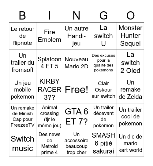 Nintendo Direct 12/09/2025 Bingo Card