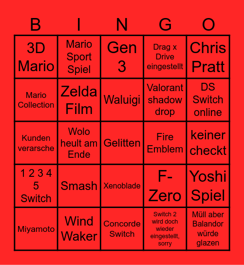 Nintendo Direct September 2025 Bingo Card