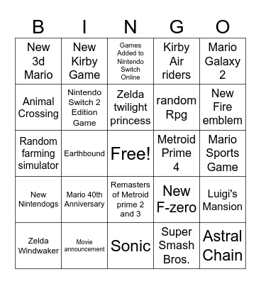 Nintendo bingo Card