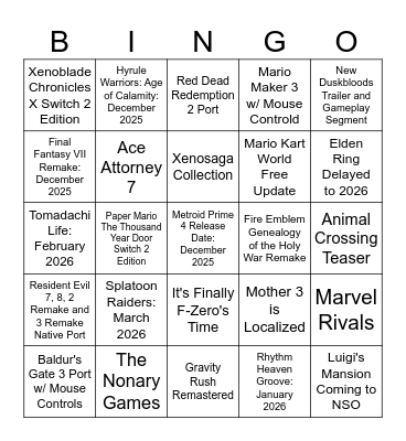 Nintendo Direct Bingo Card