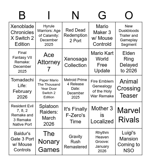 Nintendo Direct Bingo Card