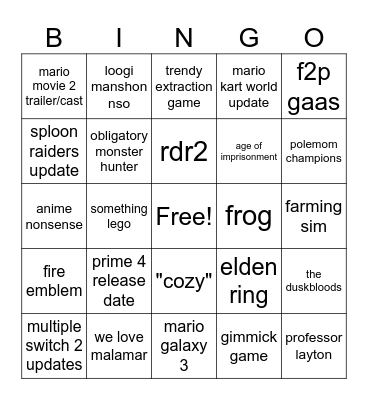 ninto Bingo Card