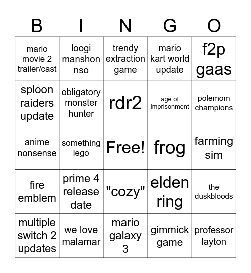 ninto Bingo Card