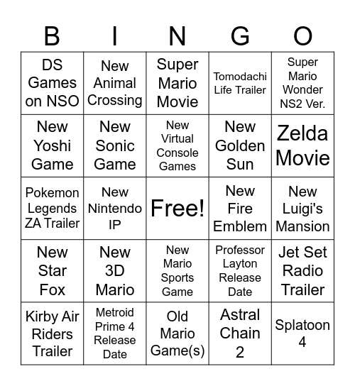 Nintendo Direct 2025 Bingo Card