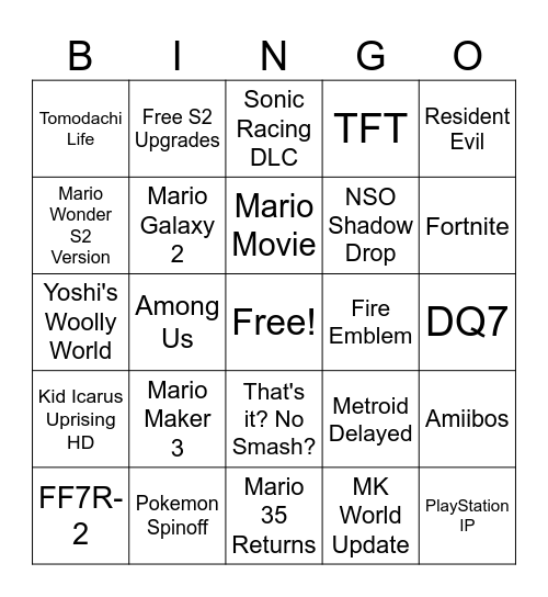 Nintendo Direct 9/12 Bingo Card