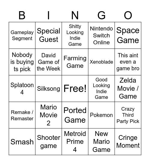 Nintendo Direct Bingo Card