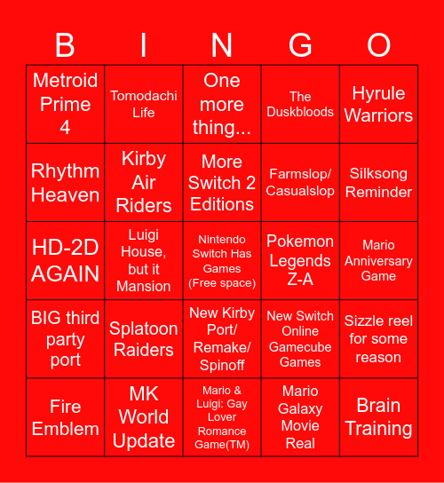 NINTENDO DIRECT 12/09/'25 Bingo Card