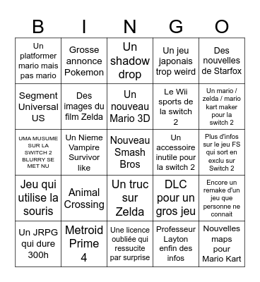 Nintendo Direct Bingo Card