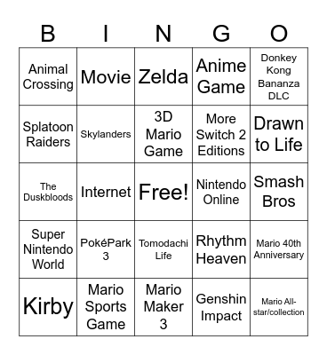 Nintendo Direct Bingo Card
