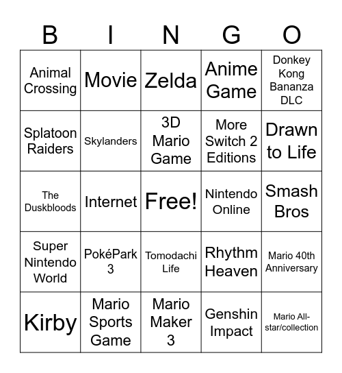 Nintendo Direct Bingo Card