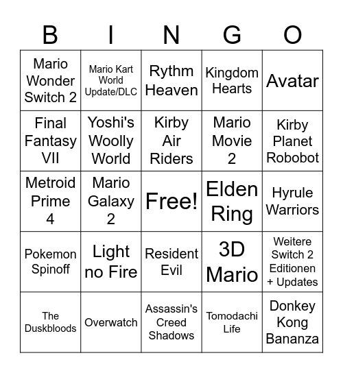 Nintendo Direct 12.09.2025 Bingo Card
