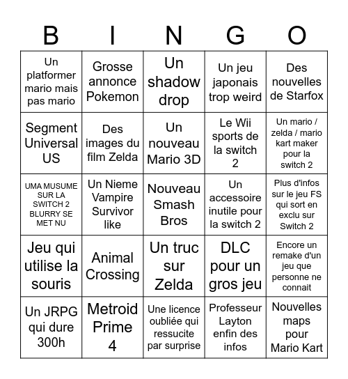 Nintendo Direct Bingo Card