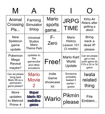 Nintendo Direct 9/12/2025 Bingo Card