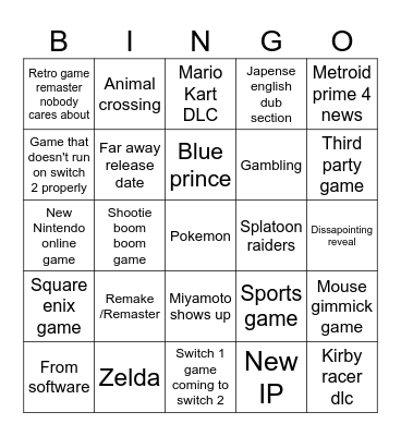 Nintendo direct Bingo Card