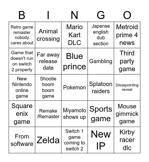 Nintendo direct Bingo Card