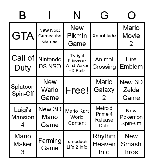 Nintendo Direct September 2025 Bingo Card