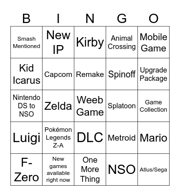 Nintendo Direct 09/12/25 Bingo Card
