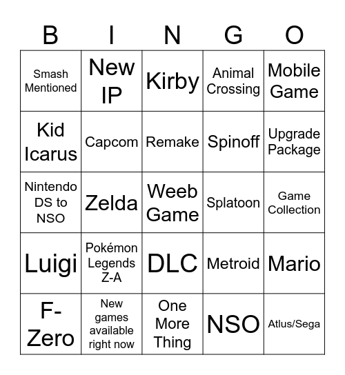 Nintendo Direct 09/12/25 Bingo Card