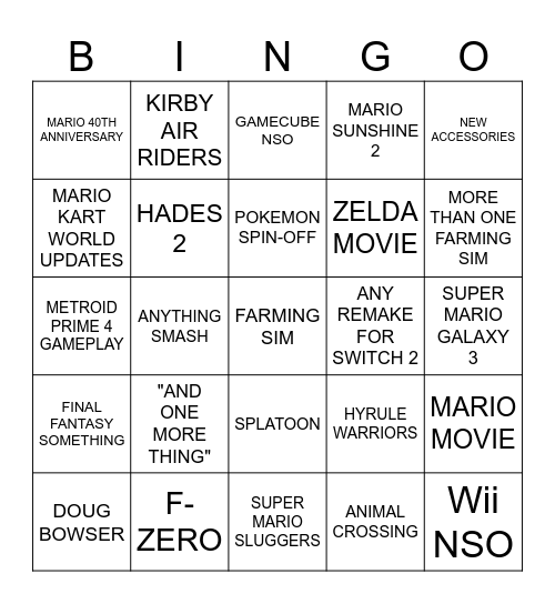 NINTENDO DIRECT SEPT 2025 Bingo Card