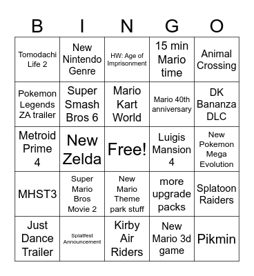 Nintendo Direct 09.25 Bingo Card