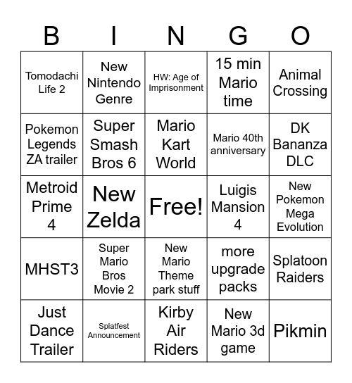 Nintendo Direct 09.25 Bingo Card