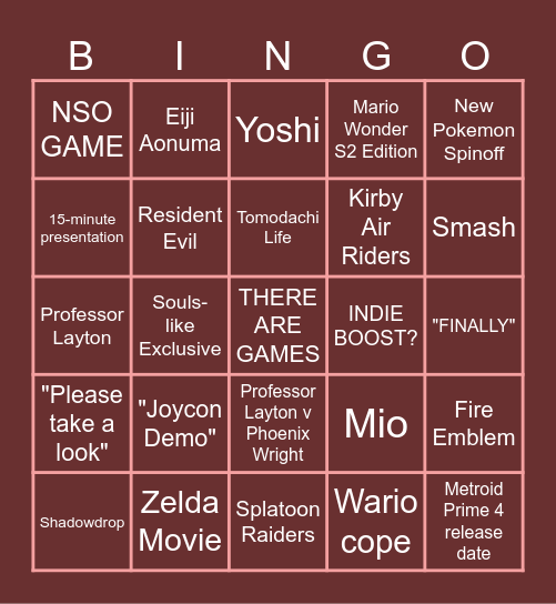 Nintendo Direct Sep. 2025 Bingo Card