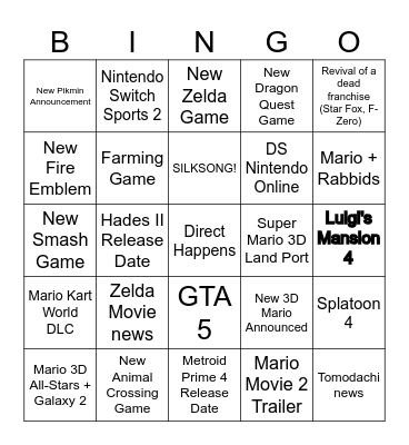 Nintendo Direct 9/12 Bingo Card