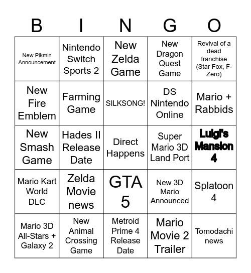 Nintendo Direct 9/12 Bingo Card