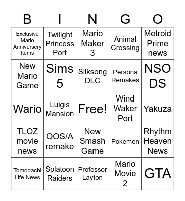 Nintendo Direct 12.9.25 Bingo Card